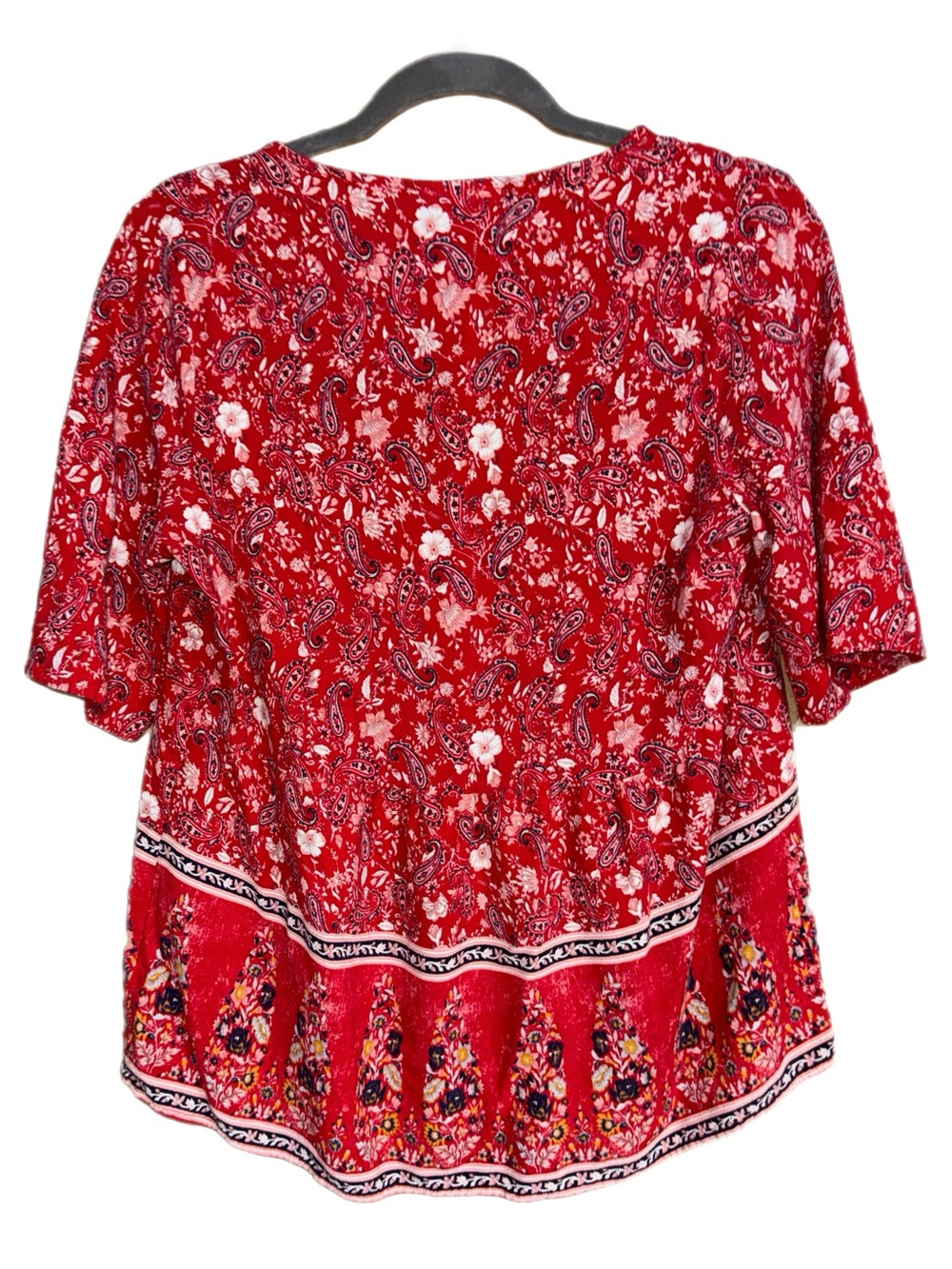 Knox Rose - Boho Red Paisley Floral Blouse Short Sleeve V‑Neck Top - Size Large - Picture 2 of 5